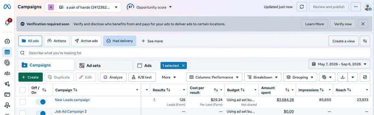 Meta Ads Manager campaigns view for A Pair of Hands: New Leads campaign with 126 form leads at $29.24 per lead, $3,684.28 spent, 85,655 impressions and 23,933 reach.