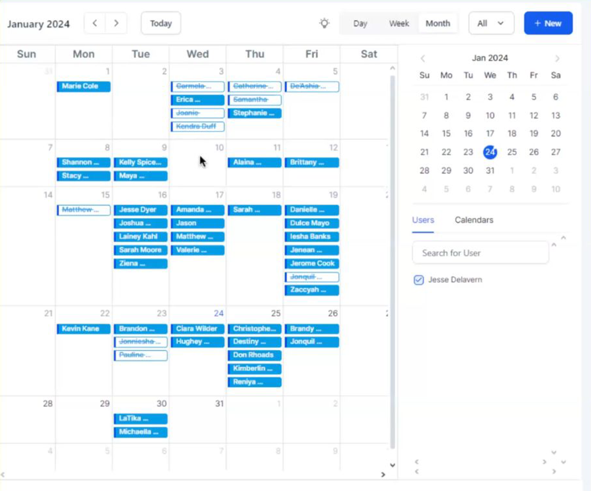 Client booking calendar showing roughly 48 roof inspection appointments scheduled across a single month.